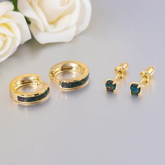 14K Yellow Gold Genuine Green Black Fire Opal Huggie and Stud Earrings Set of 2 - Picture 4 of 5